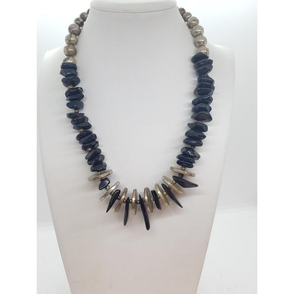 Chunky Black Onyx Statement Necklace Metal Discs Spikes Silver Plated Beads Boho - Picture 2 of 14
